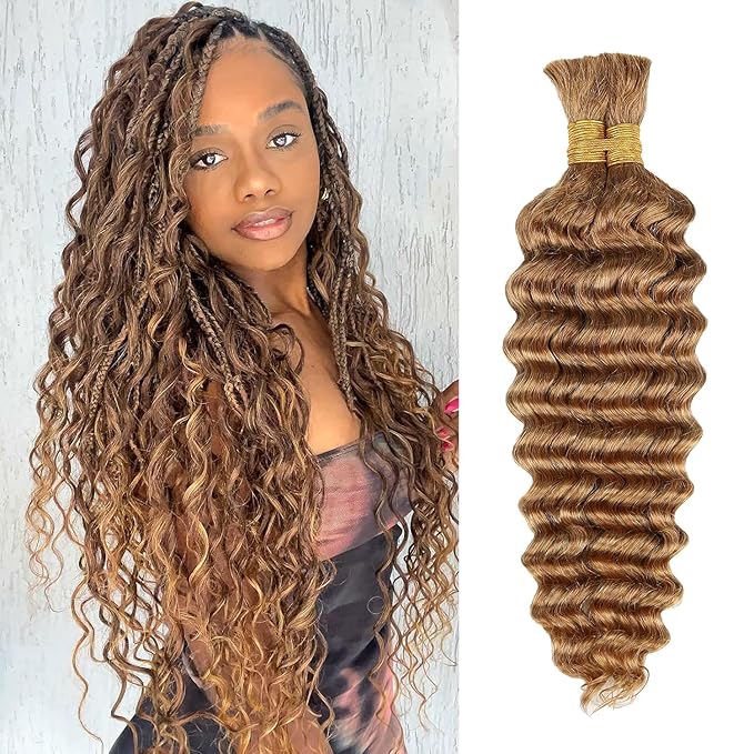 Deep Wave Bulk Human Braiding Hair 100g 18 Inch 2 Bundles Blonde Human Braid Hair for Boho Braids No Weft Color 27 Curly Brazilian Braiding Hair Extensions for Micro Braid