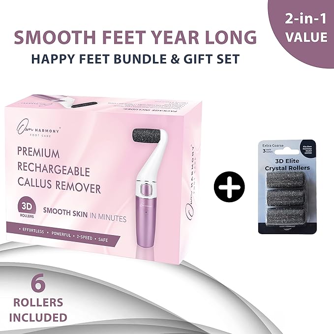 Own Harmony Electric Callus Remover for Feet and 6 Rollers Bundle: Rechargeable Pedicure Tools & Professional Foot Care for Women - Electronic Foot File Sander - Best for Hard Dry, Dead, Cracked Skin