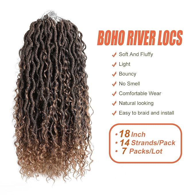 Aipin Goddess Locs Crochet Hair 18 Inch Boho River Locs Hippie Locs Wavy Crochet With Curly Hair In Middle And Ends Braids Hair Extensions (7Packs,18 inch, T27)