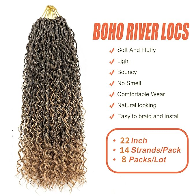 Aipin Long New Goddess Locs Crochet Hair 22 Inch Boho River Locs Hippie Locs Wavy Crochet With Curly Hair In Middle And Ends Braids Hair Extensions (8Packs,22 inch, T27)