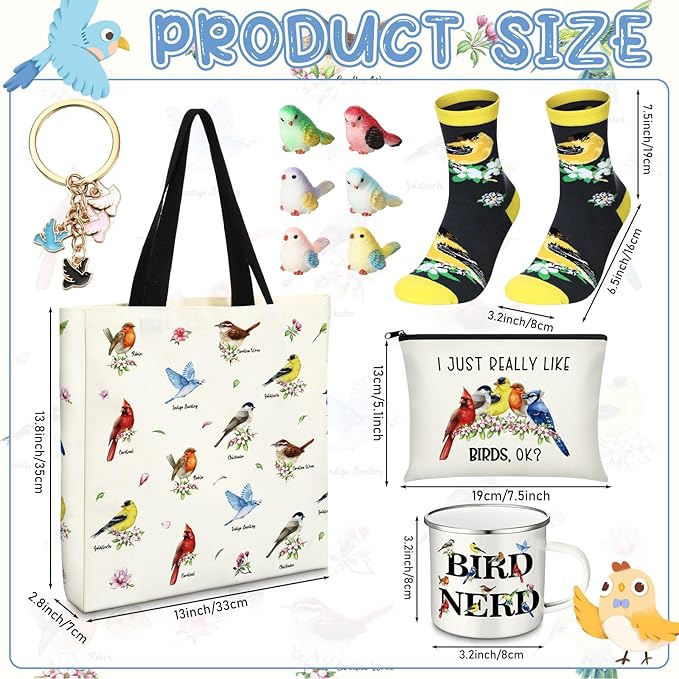 Animal Lover Gifts for Women Mother's Day Animal Themed Gifts for Mom Include Canvas Tote Bag, Makeup Bag, Socks, Keychain, Enamel Mug, Small Figurines(Bird)