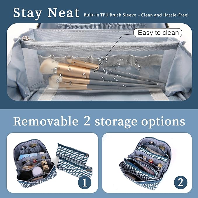 BOYATU Travel Makeup Bags for Women: Large Capacity Cosmetic Bag Set of 3 - Vegan Leather Make up Bags with Compartments - Wide Open Waterproof Toiletry Organizer Bag with Handle (E-01-Royal blue)