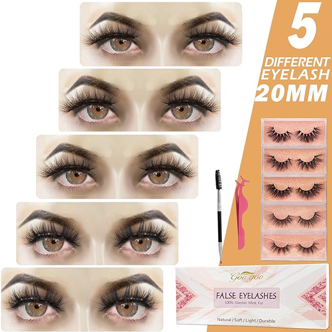 GOO GOO 3D Mink Eyelashes, Middle Long Crossed Cluster Type Fake Eyelashes 18mm-20mm 5 Styles Multipack Natural Layered Hand Made Strips Siberian Mink Fur Lashes Fluffy Full False Eyelashes