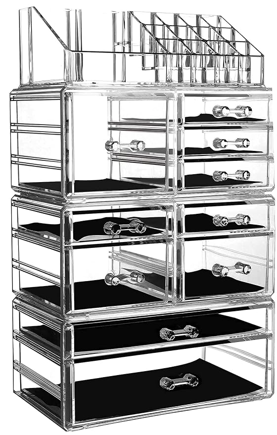 Cq acrylic 4 Pack Clear Make up Organizer Countertop,Stackable 10 Drawers Makeup Storage,Cute Vanity Organizers for dresser Hair Clip,Jewelry,Beauty Product Desk and Bathroom Organizers and Storage