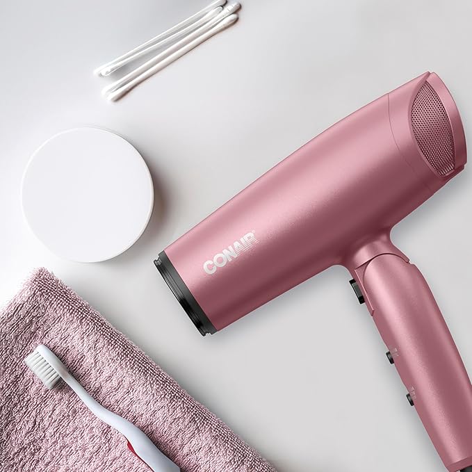 Conair Hair Dryer with Diffuser and Folding Handle, Travel Friendly Hair Dryer, Radiance Boost Blow Dryer for Less Frizz, More Shine, and Irresistibly Silky Hair, Includes Diffuser and Concentrator