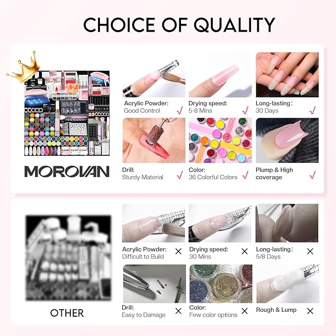 Morovan Acrylic Nail Kit: Professional Starter Set with Drill, Lamp, Powder, Polish & Accessories for Beginners