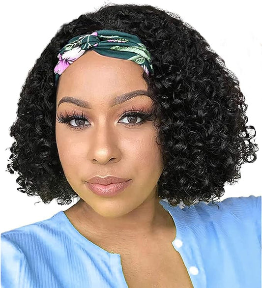 JCL Curly Headband Wig Human Hair Headband Wig 180% Density 12A Glueless Wigs Human Hair 10 Inch Curly Wave headband Wig Natural Color Human Hair Wigs for Black Women