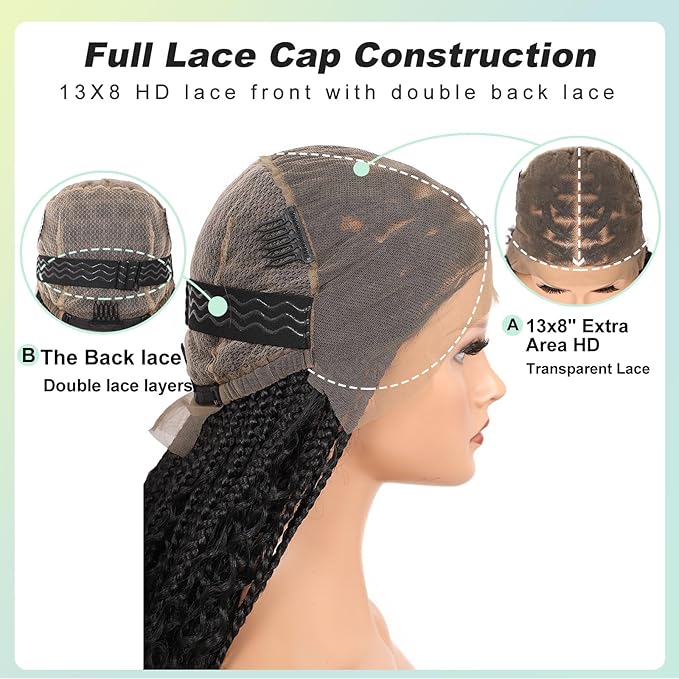 13x8 Inch HD Lace Front Boho Knotless braided Wigs For Women 36" Braided Wig With Baby Hair Braid Lace Front Wig Human Hair Blended Bohemian Braiding Wig