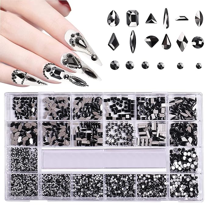 3100Pcs Flat Back Rhinestones for Nails, HOINCO Black Rhinestones for Nails, Mix 20 Styles Flatback Rhinestone/Gems, 600 Diamonds + 2500 Round Rhinestones Beads for Nail Crafts with Tweezers Pen