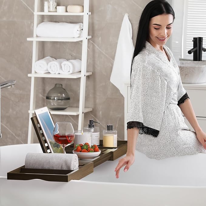 Teak Bathtub Tray, Bath Tray for Tub Bathroom Expandable Wood Bath Rack Across Tub Teak, as Unique Housewarming, Holiday, Birthday Gifts