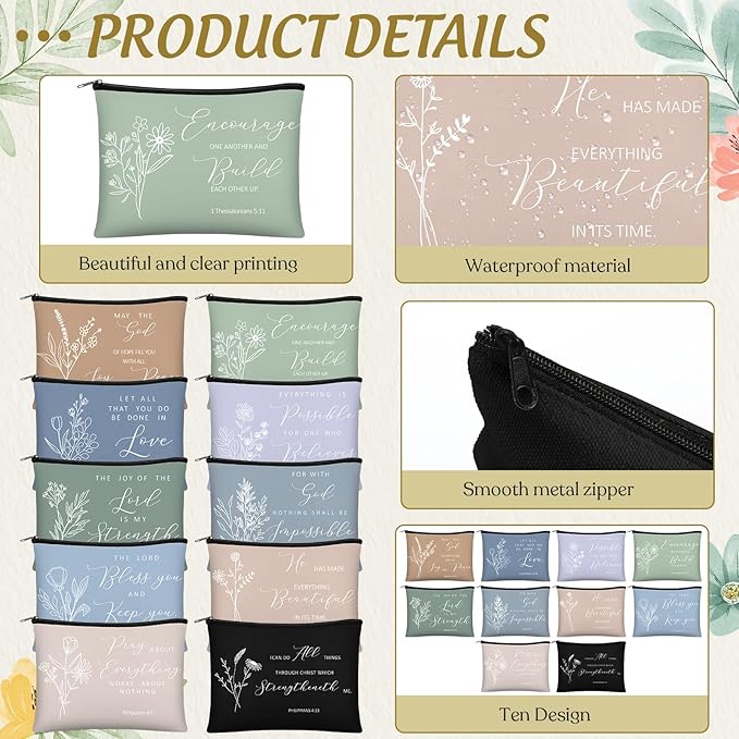 Jetec 30 Pcs Christian Gift for Women Religious Mother's Day Gifts Cosmetic Bags Inspirational Bible Verse Pencil Pouch Makeup Bags with Zipper for Travel Women Mother Sister(Simplicity Style)