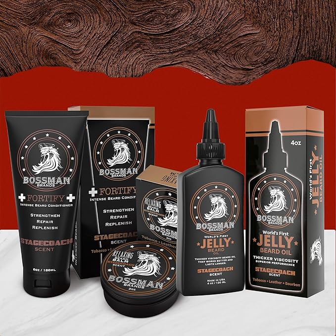Bossman Essentials Beard Kit for Men – Beard Oil Jelly, Fortifying Conditioner Cream & Beard Balm – Grooming Care Accessories (Stachecoach Scent)