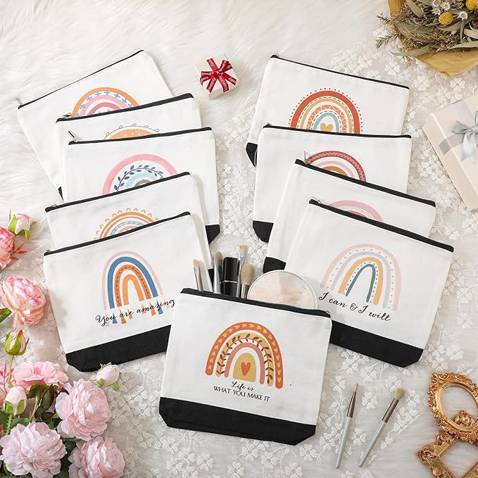 Sieral 30 Pcs Rainbow Canvas Makeup Bags Bulk Employee Appreciation Gifts Graduation Inspirational Cosmetic Bags Thank You Gifts for Teacher Secretary Coworker Volunteer Nurse(Motivational)