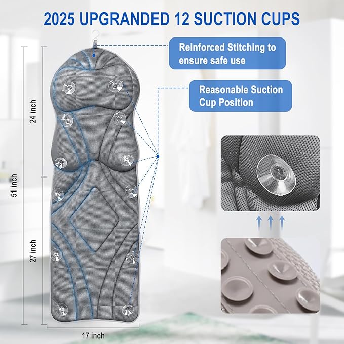 Full Body Bath Pillow for Bathtub, Luxury Bath Gifts for Women Thick Bathtub Cushion for Soaking Tub with Laundry Bag, Bathtub Pillow Luxury Bathtub Pillows for Head,Neck & Back,Spa (Light Grey)