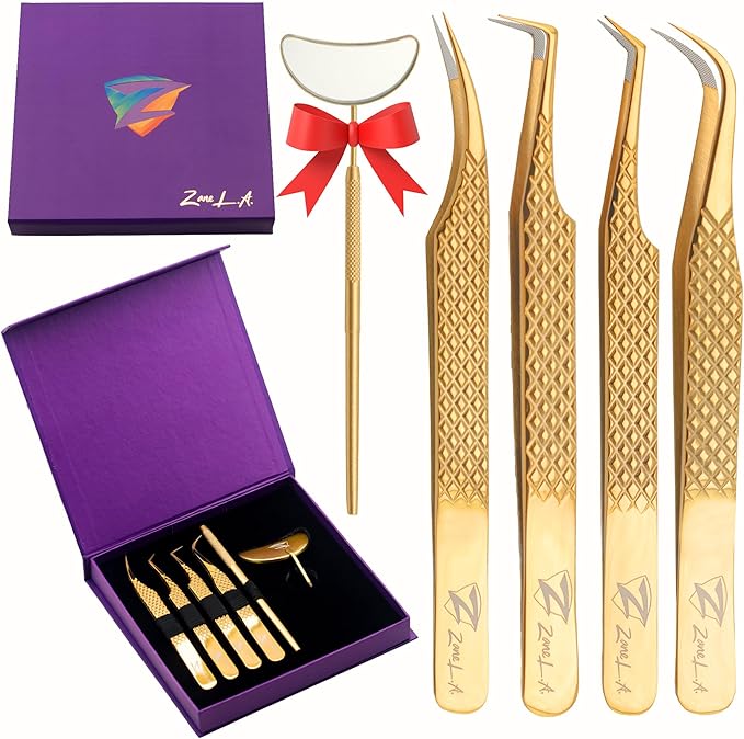 Nano Fiber Tip Professional Eyelash Extension Tweezers, a pack of 4, Quality tweezers made with Japanese Stainless Steel, includes Stylish Half Moon Mirror. (Gold)