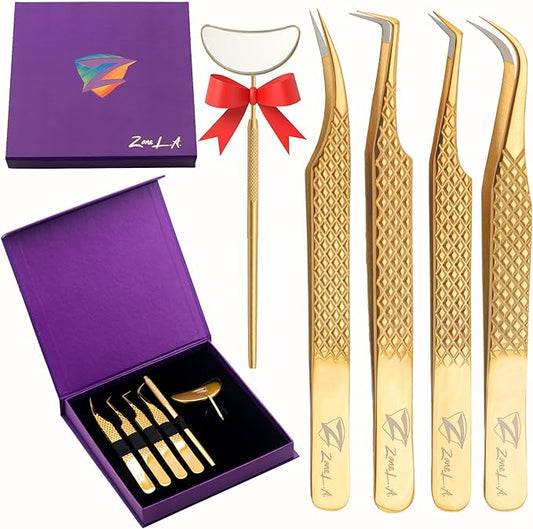 Nano Fiber Tip Professional Eyelash Extension Tweezers, a pack of 4, Quality tweezers made with Japanese Stainless Steel, includes Stylish Half Moon Mirror. (Gold)