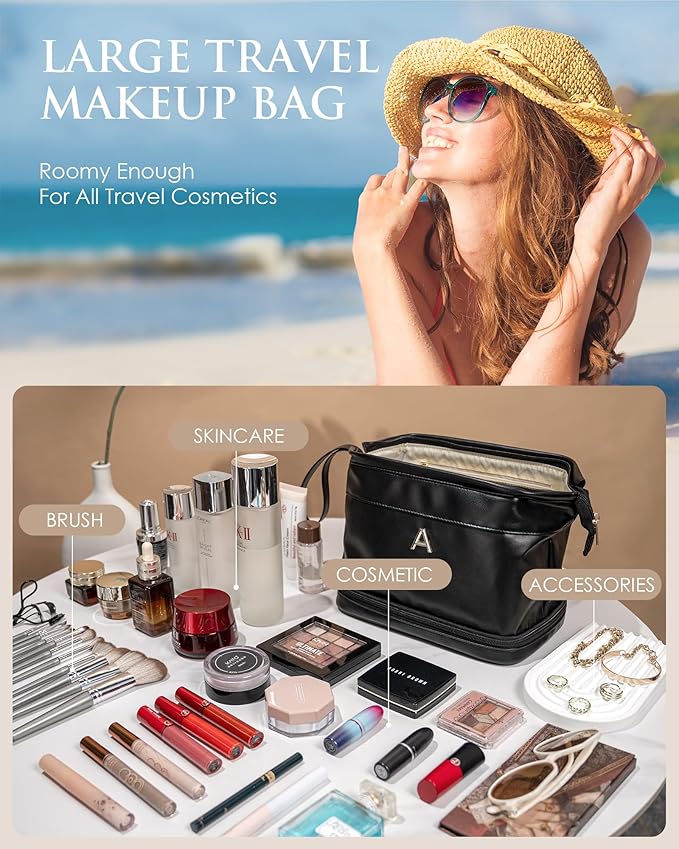 Birthday Gifts for Women, Initial Large Makeup Bag, Personalized Double Layer Cosmetic Bag with Makeup Brush Organizer, Waterproof, PU Leather Travel Toiletry Bag,Bride Gift Monogrammed Gifts