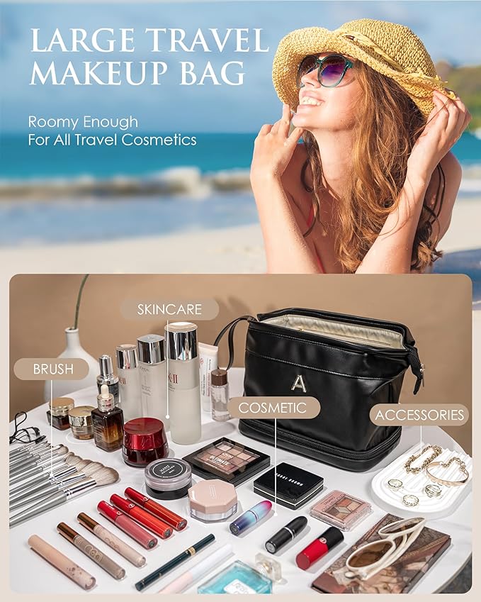 Graduation Gifts-Initial Makeup Bags for Teens Girls, Personalized Double Layer Cosmetic Bag with Makeup Brush Organizer, PU Leather Travel Toiletry Bag, Gifts for Friends Female Mom