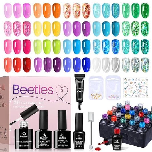 Beetles Neon Jelly Gel Nail Polish Kit,20 Colors Summer Cat Eye Glitter Soak Off UV LED Gel Nail Kit Pink Orange Blue Sunbeam Jelly with Base Matte Top Coat for DIY Nail Art Lovers & Professionals