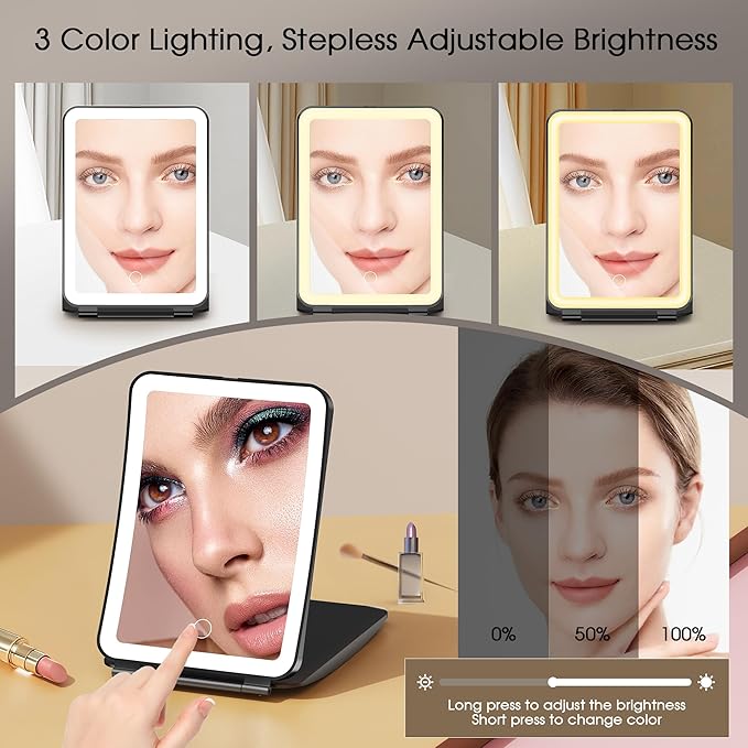 Travel Makeup Mirror with Lights and Magnification, 10X/1X Magnifying Vanity Mirror with 3 Colors & Brightness Adjustable, 2000 mAh Rechargeable Lighted Compact Mirror, Women Gift (Black)