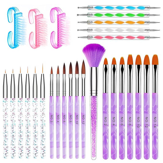 AROIC 28 Pcs Acrylic Nail Brush Set Including 7 Pcs UV Gel Nail Art Brushes, 6 Pcs 3D Nail Extension Brush, 5Pcs Double Ended Dotting Nail Pen For Nail Art DIY With White Box, colorful