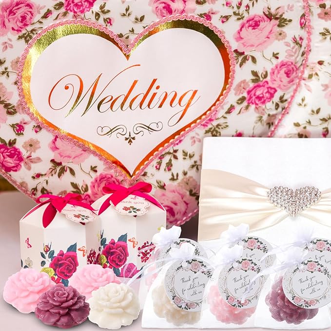 Demissle 24 Set Flower Mini Soaps for Guests Flower Soap Wedding Handmade Gift Favors Fancy Decorative with Thank You Tags for Wedding Bridal Guest Gift Party Favor(Rose)