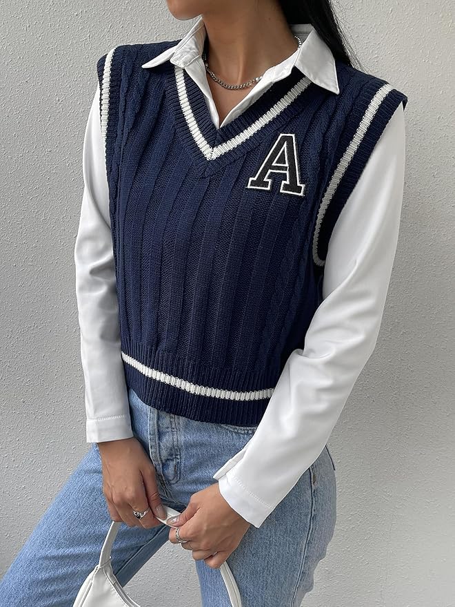 Floerns Women's V Neck Letter Striped Trim Sleeveless Sweater Vest Knit Top