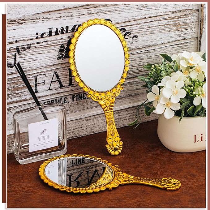 Qunclay 12 Pcs Vintage Handheld Mirror, 9.8" L x 4.5" W Small Gold Embossed Portable Princess Mirror for Classroom Kids Princess Party Favors Travel