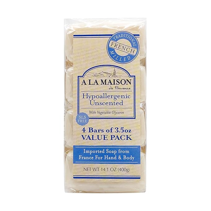 A LA MAISON Unscented Natural Goat Milk Bar Soap - Triple French Milled Unscented Natural Moisturizing Hand Soap Bar (4 Bars of Soap, 3.5 oz)