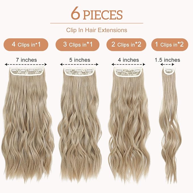 Clip in Hair Extensions for Women - 20 Inch Long Wavy Brown Extensions, 6PCS Light Brown Mix Blonde Hairpieces that Blend Naturally with Your Real Hair (20 Inch, Light Brown Mix Blonde)