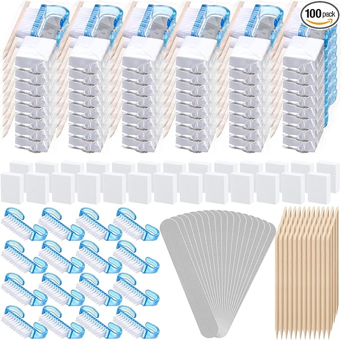 100 Sets Professional Disposable Manicure Kit Basics 4 Piece Nail Kit Wood Nail File 100/180 Grit, Mini Buffer 80/100 Grit, Wood Stick and Handle Grip Brush Gifts (Blue)