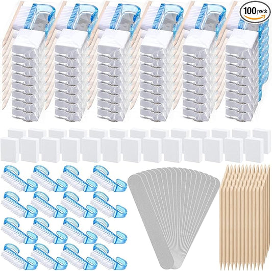 100 Sets Professional Disposable Manicure Kit Basics 4 Piece Nail Kit Wood Nail File 100/180 Grit, Mini Buffer 80/100 Grit, Wood Stick and Handle Grip Brush Gifts (Blue)