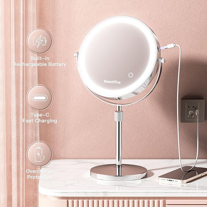 8” Large Lighted Makeup Mirror with Magnification, 15X/1X Rechargeable Magnifying Mirror with Lights, Stepless Dimming Light Up Table Mirror with Adjustable Height, 360° Rotation Vanity Makeup Mirror