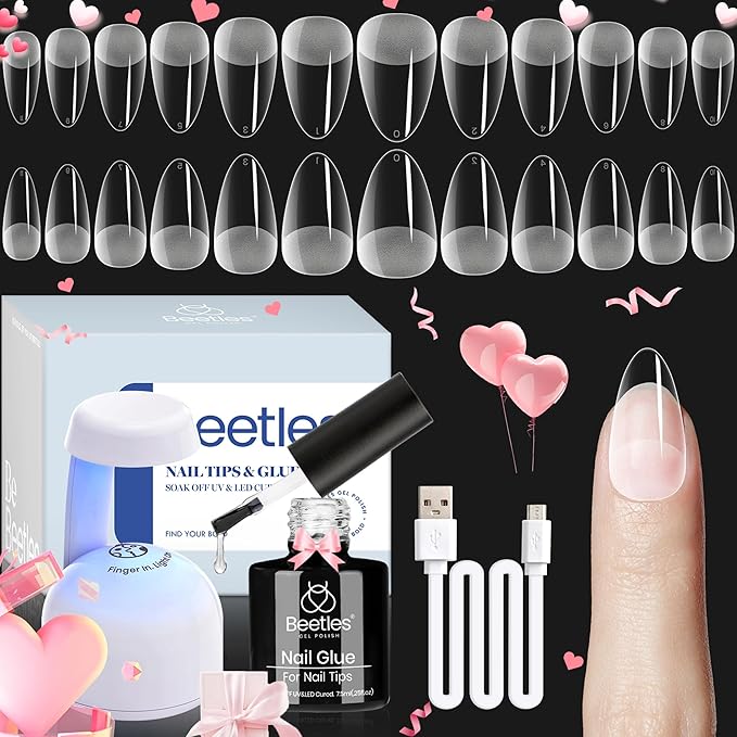 Beetles Gel Nail Kit Almond: 504Pcs Beetles Gel Nail Kit Easy Nail Extension Set Etch X Nail Tips Short Medium Almond Half Matte Nail Tips 5 in 1 Nail Glue Uv Led Nail Gift for Women & Girls