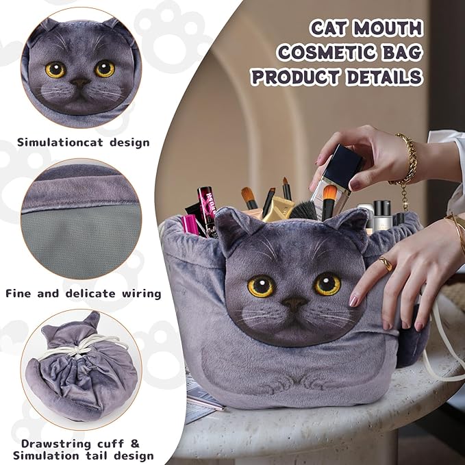 Openhaha Drawstring Makeup Organizer, Travel Cosmetic Pouch - Cat Gift for Women, Lay Flat Makeup Bag Gifts for Cat Lovers