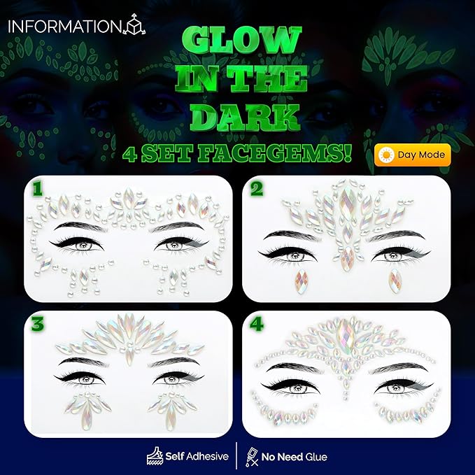 Face Gems Adhesive Glitter Jewel Tattoo Sticker Festival Gems Rave Party Body Make Up (GLOW IN THE DARK)