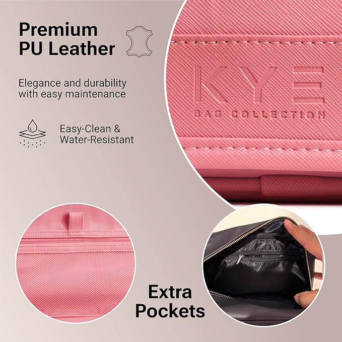 Leather Travel Toiletry Bag for Men with Removable Cover and Hanging Hook - Dopp Kit for men - Makeup Bag Organizer for Women for all your Travel Essentials (PINK)