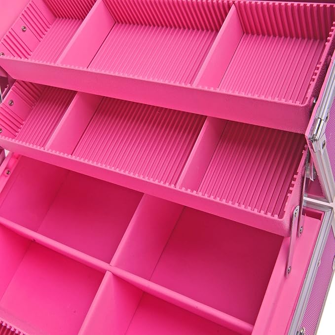 SHANY Essential Pro Makeup Train Case Cosmetic Box Portable Makeup Case Cosmetics Beauty Organizer Jewelry storage with Locks, Multi Compartments Makeup Box and Shoulder Strap - Pink
