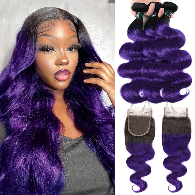 Purple Bundles Body Wave Human Hair Purple Weave 3Bundles with Closure Virgin Hair, Brazilian Remy Hair Ombre 1b/Purple 2 Tone Ombre Hair Wavy for Women(121416w10)