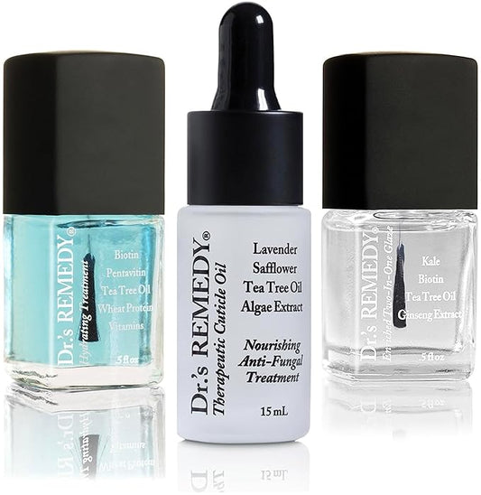 Dr’s Remedy 3 Pack Nail Polish Treatment Kit, RESTORATIVE Remedy Trio, Non Toxic and Organic All Natural Enriched Nail Strengthener - CARESS Cuticle Oil/Hydration Nail Treatment/TOTAL Two-in-One