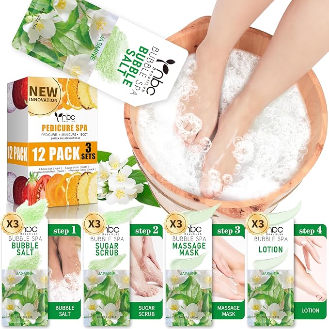 Pedicure Kit Foot Soak Set: Bubble Salt, Sugar Scrub, Massage Mask, Massage Lotion in a Box, 4 Step Foot Spa Kit for Dry Feet, Calluses and Tired Feet(3 Set Jasmine)