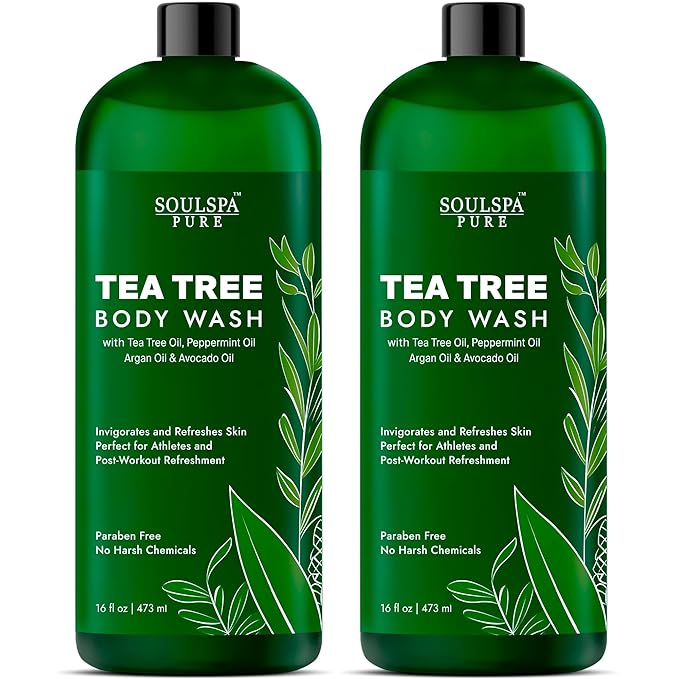 Tea Tree Body Wash Men & Women - Shower Gel Soap with Peppermint - Helps with Body Odor, Soothes Itching, Deep Cleansing Post Workouts - 16 fl oz x 2