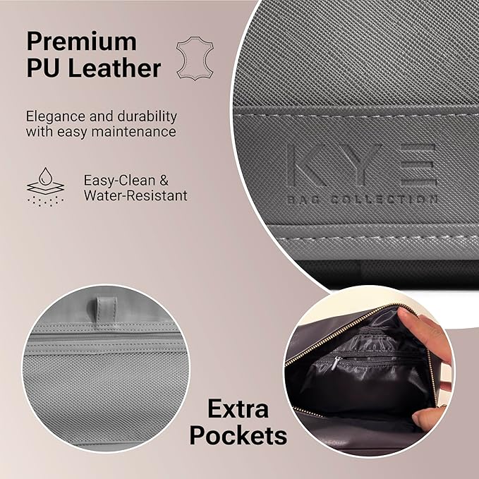 Leather Travel Toiletry Bag for Men with Removable Cover and Hanging Hook - Dopp Kit for men - Makeup Bag Organizer for Women for all your Travel Essentials (Grey)