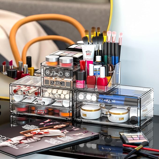 Cq acrylic 3 Pack Clear Make Up Organizers for Vanity With 8 Drawers,Stackable Skincare Organizer and Cosmetic Storage Organizer for Jewelry,Lipstick,Beauty,Skin Care,Vanity Organizers and Storage