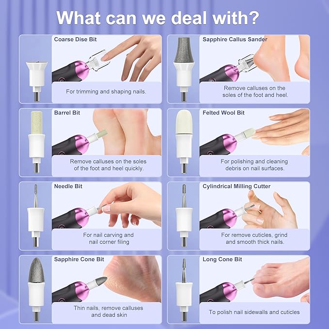 Professional Manicure Pedicure Nail File Kit: Eletorot 8 in 1 Electric Nail File Set, 5 Speeds Cordless Pedicure Tools for Feet Care, Rechargeable Toe Nail Grinder Cuticle, Gifts for Women Men Mom Dad