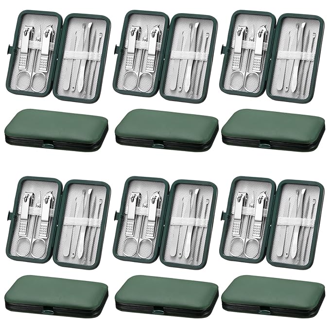 Geosar 12 Sets Manicure Set Nail Clippers Pedicure Kit 8 in 1 Stainless Steel Professional Grooming Kits Nail Care Tools with Travel Case for Men Women(Green)