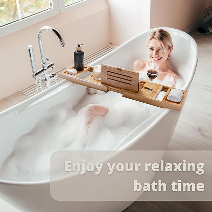 Teak Bathtub Tray, Bathtub Caddy, Expandable Bath Tub Tray Wood, Bath Table Tray&Bathtub Shelf, Luxury Bathtub & Bathroom Accessories and Organizer, House Warming&Wedding Gifts(Large)