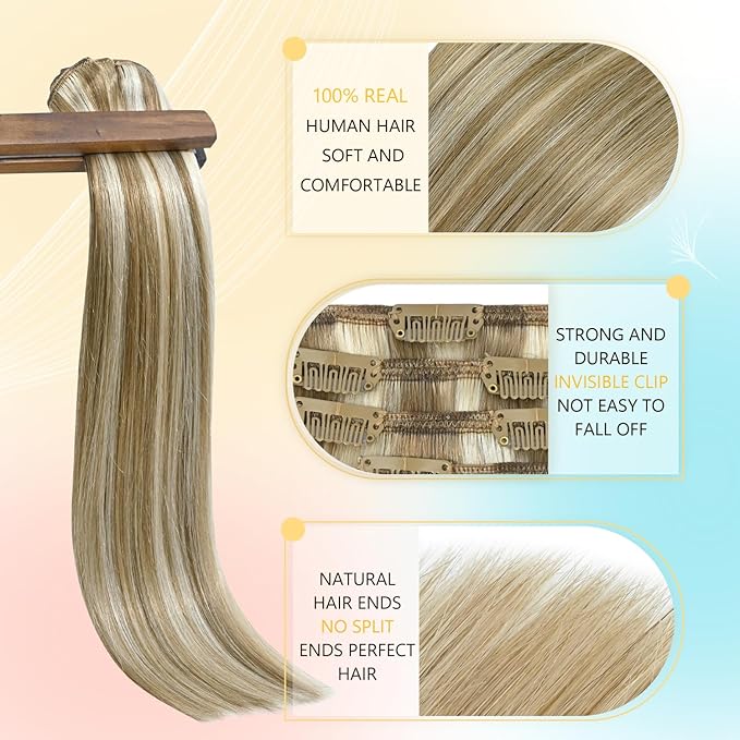 Clip in Hair Extensions Real Human Hair 12 Inch Golden Blonde Highlights Human Hair Clip in Hair Extensions 75g Straight Hair Extension for Women