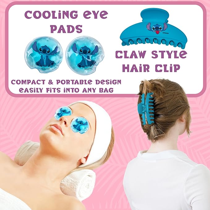 Disney Stitch Cooling Eye Mask & Beauty Accessories Set with Claw Clip Skincare Headband Cooling Eye Pads, Pampering Beauty Gifts for Women (Blue)