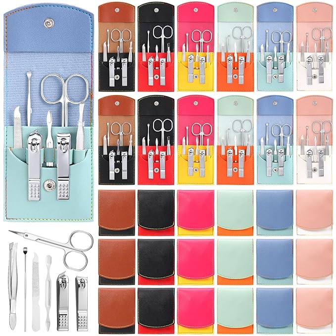 30 Set Manicure Kit Bulk Nail Clippers Kit 7 in 1 Mini Nail Clippers Stainless Steel Professional Nail Care Pedicure Kit with Travel Bag Grooming Kit for Valentine Women Men Home(Vivid Color,Cute)